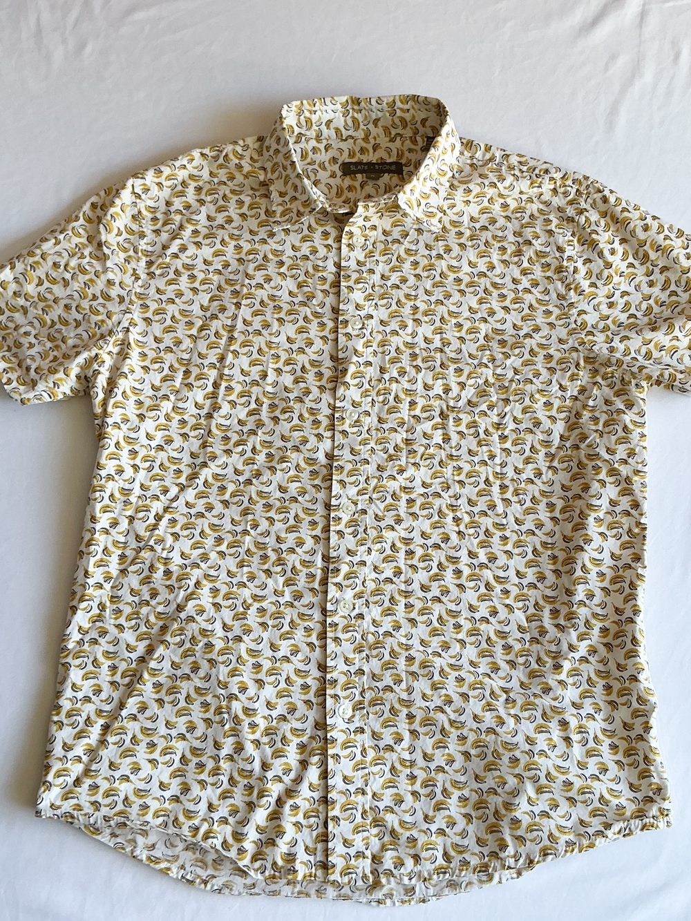 Slate And Stone White Yellow Banana Print Poplin Button Down Short Sleeve Sz Med